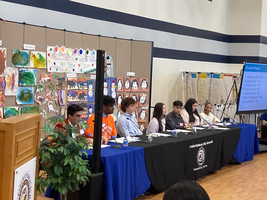A panel of seniors at James Monroe High School spoke at the latest Fredericksburg City Public Schools Superintendent Community Roundtable on March 27, 2024.