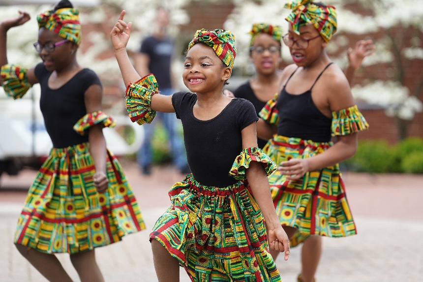 The JNJ Dance Expression group performed a West African dance number in front of Lee Hall on the UMW campus during the 29th Multicultural Fair. Photo by Suzanne Carr Rossi, courtesy UMW.
