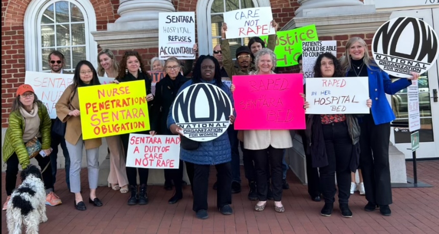 Supporters gather in front of the Fredericksburg courthouse on Wednesday, March 20, before oral arguments in a case appealing a judge's decision not to hold Sentara hospital system responsible for sexual assault perpetrated by one of its nurses. Photos courtesy Virginia NOW.